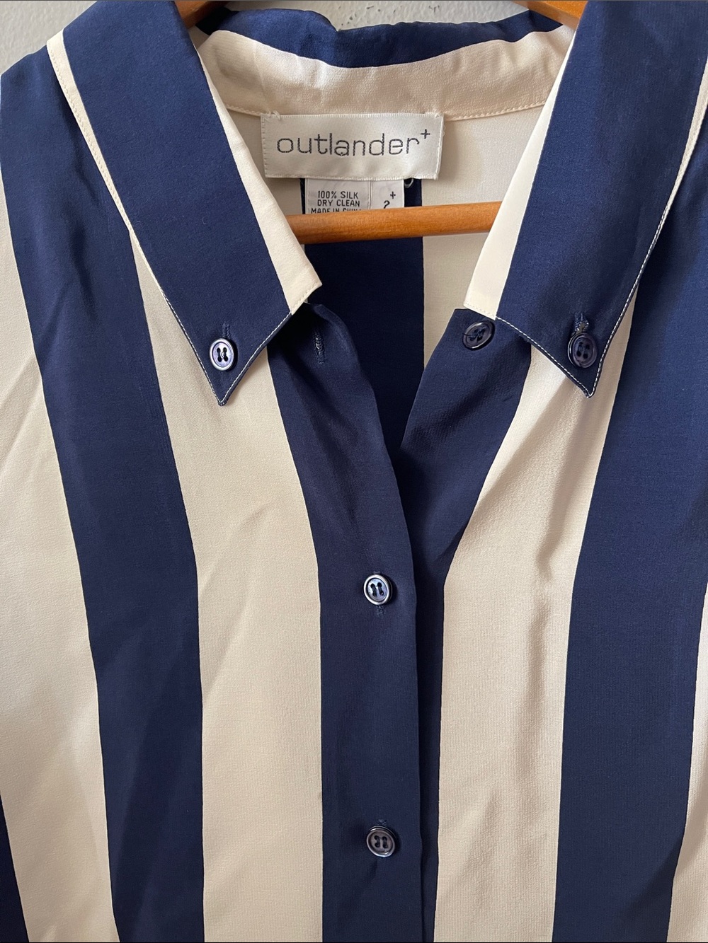 Outlander oversized Silk Navy & White Vertical Stripe Button-Down Shirt Blouse